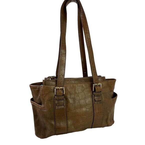 Perlina Womens Brown Croc Embossed Leather Double Handle Shoulder Bag Purse - Picture 1 of 16